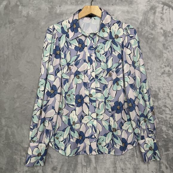 Boston Proper Shirt Womens Medium Blue Green White Floral Button Up Blouse Top - Picture 1 of 11